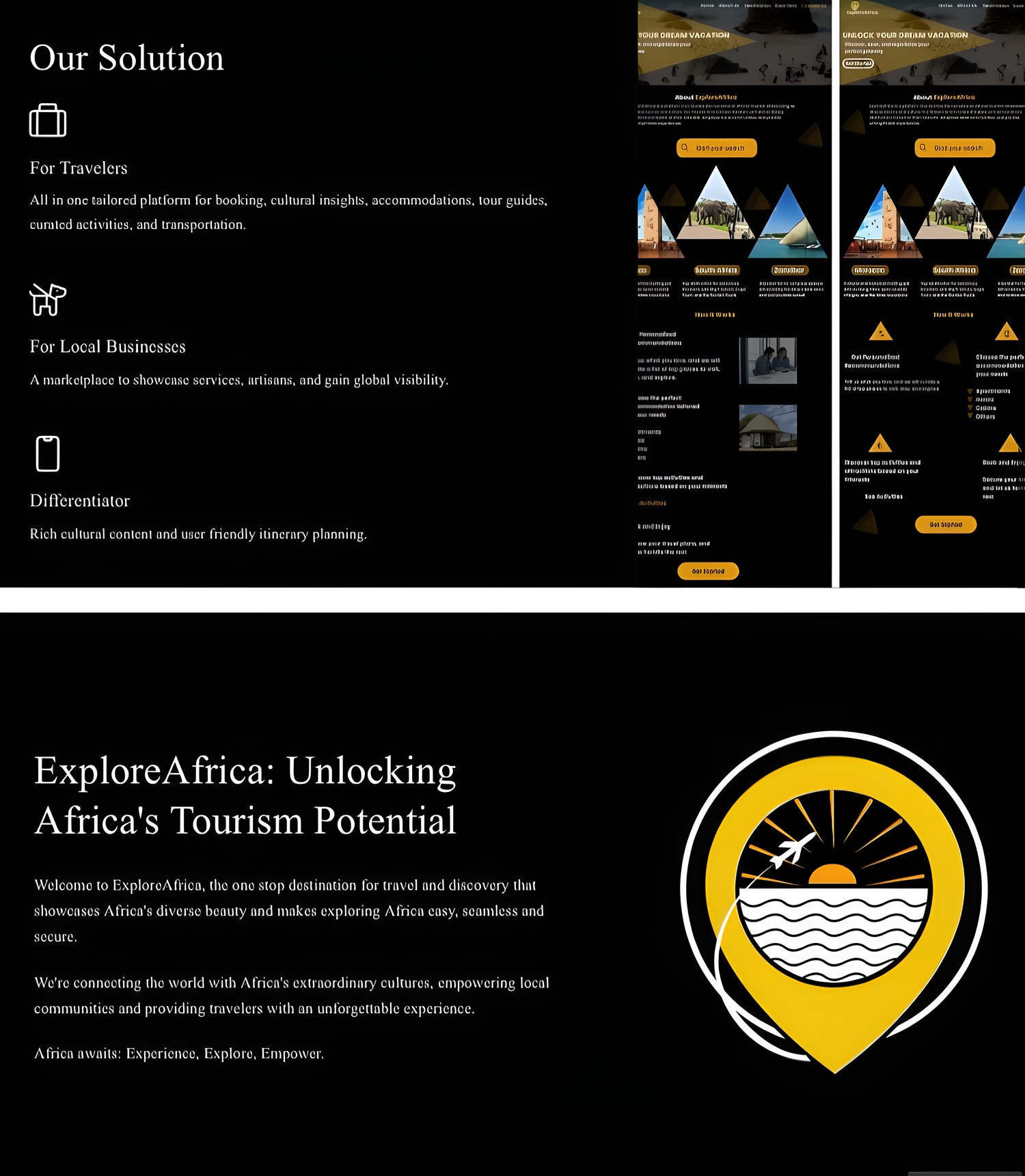 ExploreAfrica pitch deck — the travel platform solution and brand story